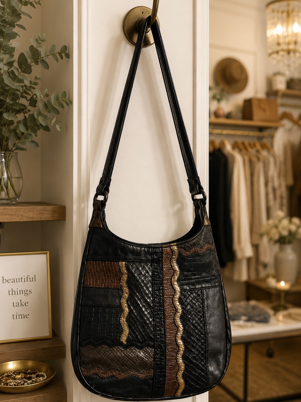 Sharif Vintage Patchwork Leather Shoulder Bag Black Brown Textured Hobo Purse